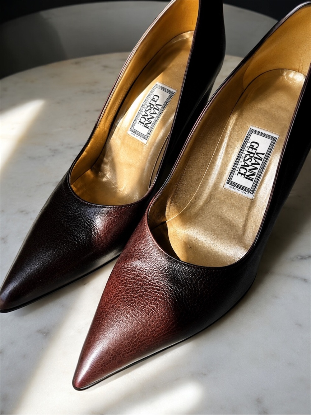 Vintage Gianni Versace Medusa Leather Pumps Italy Espresso Brown  Block Heels
